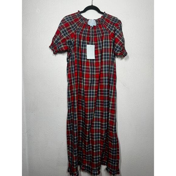 Hill House Caroline Nap Dress Red Green Plaid Ruffled Smocked Short Sleeve Sz S - Picture 3 of 6